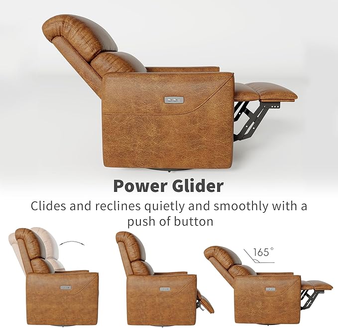 IDEALHOUSE Power Swivel Glider Recliner with Lumbar Support - Electric Rocking Chair Faux Leather Upholstery USB Charging Nursery Recliner for Living Room Bedroom