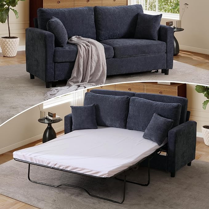 Full Size Pull Out Sofa Bed 3 in 1 Chenille Convertible Loveseat Sleeper Sofa Bed with Memory Form Mattress Pull Out Couch with Square Arms &amp Plillows for Living Room Bedroom Small Space(Grey)