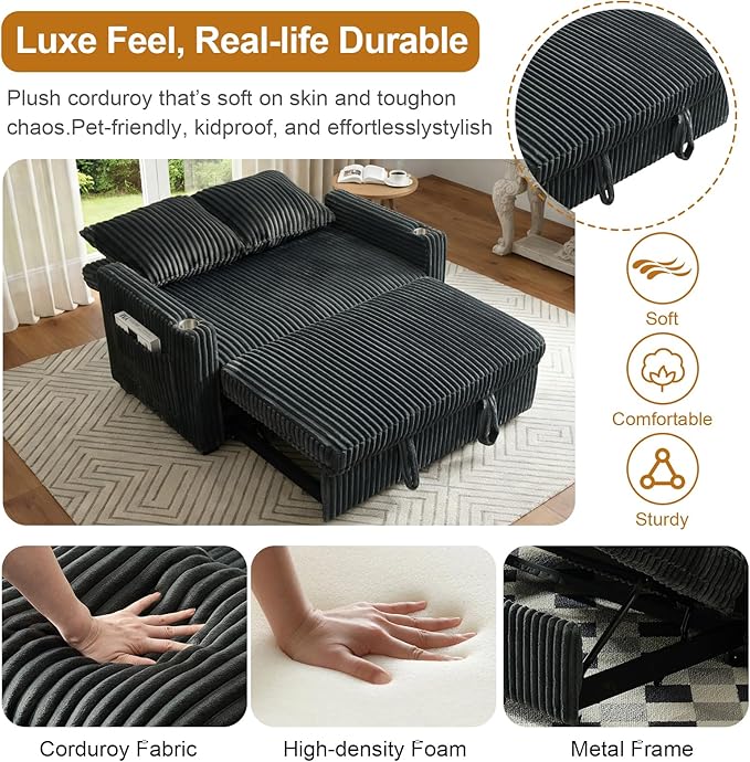 3 in 1 Convertible Sleeper Sofa Bed 53'' Pull Out Couch with Adjustment Backrest Corduroy Loveseat with Side Pockets USB Port for Living Room Bedroom Apartment Gray