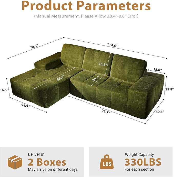 114 in Modular Sectional Sofa Plush Fabric with Silver LuminousBoneless L-Shaped Couch with Chaise for Living Room with Deep Seat No Assembly Required Sofa (Green Left Chaise)