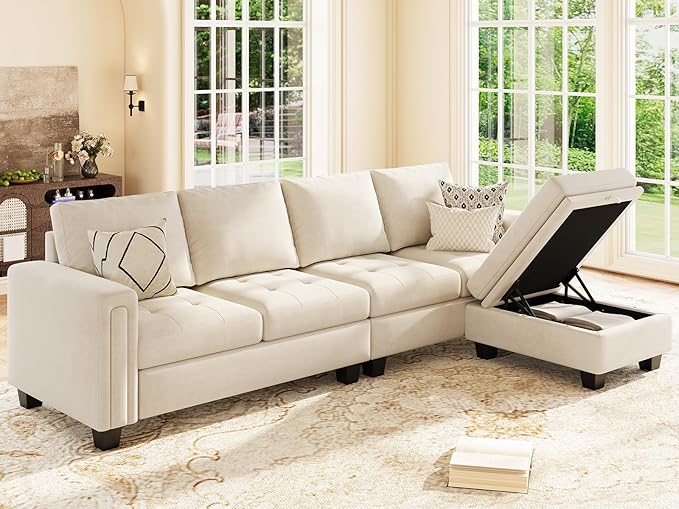 Belffin Velvet Reversible Sectional Sofa with Chasie Convertible L Shaped 4-seat Sectional Couch with Storage Ottoman Beige