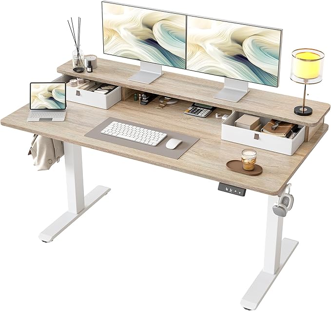 TIQLAB Standing Desk with Two Drawers Stand Up Standing Desk Adjustable Height Electric Sit Stand Table with Storage Shelf and Splice Board 55 * 24 inch Maple