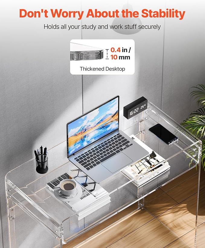 VEVOR Acrylic Desk Clear Laptop Study Desk with Storage Shelf Modern Transparent Console Table for Home Office Living Room Bedroom Entryway 33.5 W x 15.7 D x 29.5 H