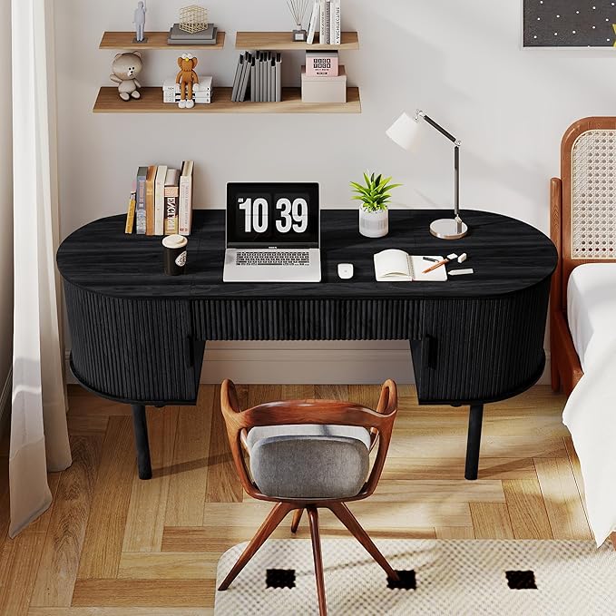 ORRD Home Office Oval Desk with Sliding Tambour Door and Drawer Modern Fluted Wood Executive Computer Storage Desk for Study Living Room Bedroom Office - Black