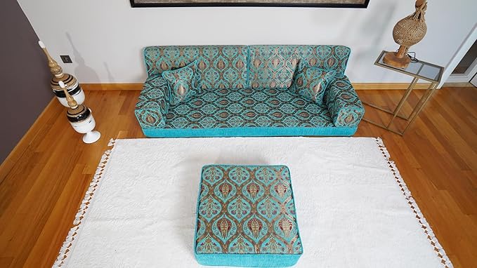 arabicsofa Turquoise Arabic Floor Cushion – Jalsa Sofa Set with Pillows Traditional Oriental Floor Seating Sofa Ottoman Couch