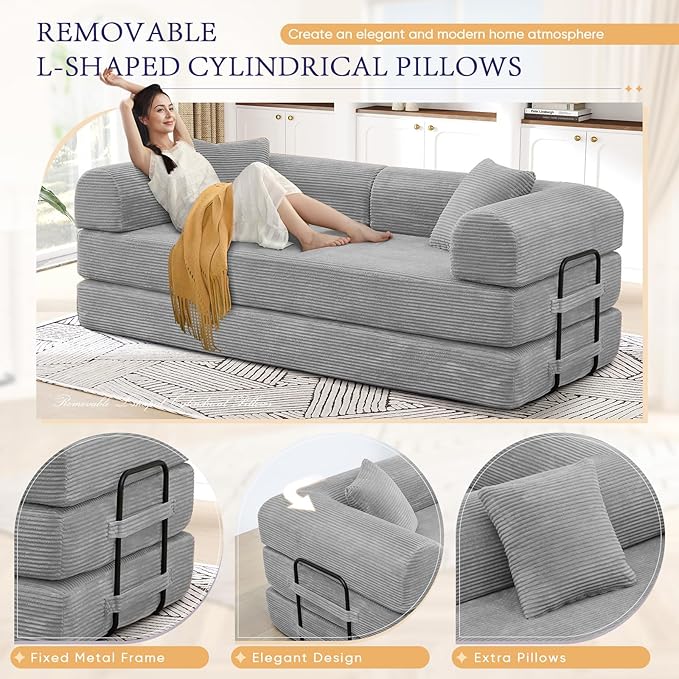 Convertible Folding Sofa Bed Corduroy Sleeper Mattress Couch with Fixed-Shape Frame Free Combination Loveseat Lounge Floor Sofa Queen Size Memory Foam Couch for Living Room Bedroom Light Grey