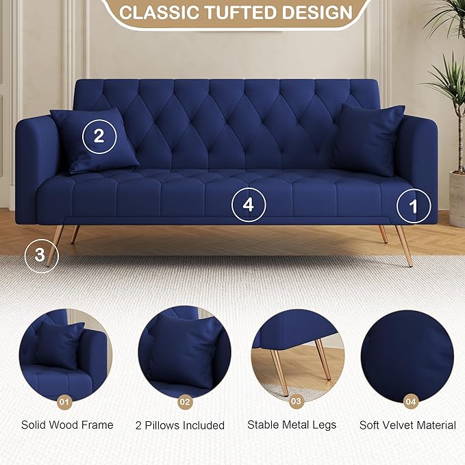 71 Futon Sofa Bed VelvetConvertible Sleeper Sofa CouchModern Folding Futonwith 3 Adjustable Backrests and 2 Pillowsfor Small Living Room Bedroom Office (Blue)