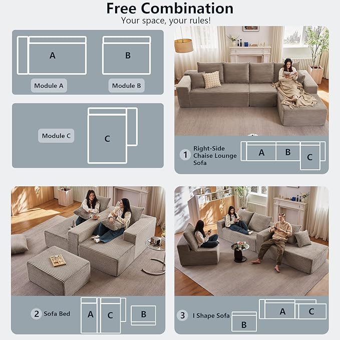 135.5 Cloud Sectional Couch with L-Shape Chaise Corduroy Boneless Couch for Living Room Modern Memory Foam Sofa with Deep SeatNo Assembly Required(BlackRight Facing Chaise)