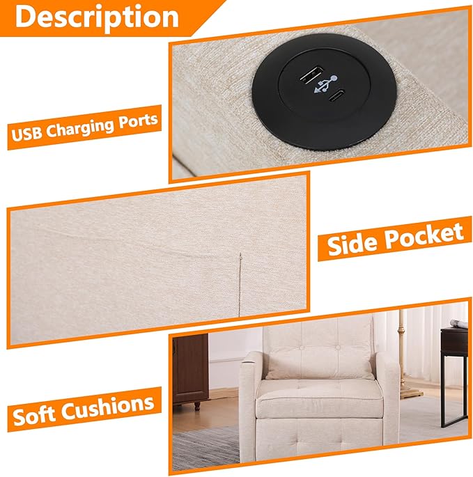 3 in 1 Boucher with Pull-Out Sofa Convertible Lazy Sleep Armrest Sofa Chair with Storage Pockets and Adjustable Backrest Comfortable Folding Seat Bed Bedroom Bed (Dark Grey) (Beige)