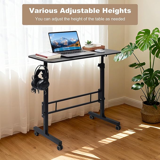 Standing Desk Adjustable Height Rolling Walking Pad Desk Small Mobile Table with Wheels Portable Stand Up Table for Standing or Sitting Size 31.5x15.7 Inch Black