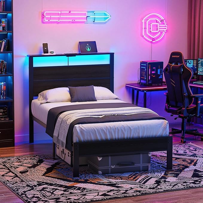 Twin Bed Frame with LED Lights &amp USB Charging Station Black Metal Platform Bed with Storage Headboard Under-Bed Space Noise-Free &amp Sturdy No Box Spring Needed Easy Assembly