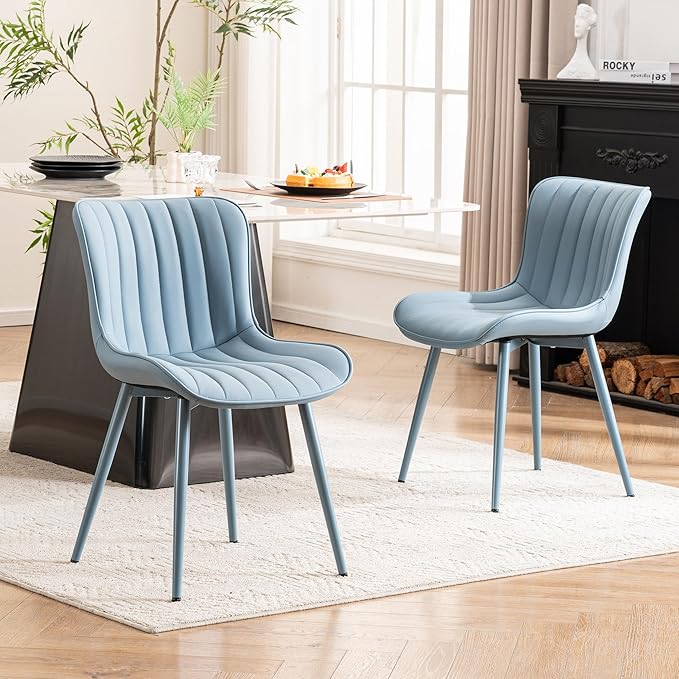 YOUNUOKE Mid-Century Modern Dining Chairs Set of 2 Blue PU Leather Upholstered Kitchen Chairs with Blue Metal Legs Armless Accent Chair for Dining Room Guest Reception Room