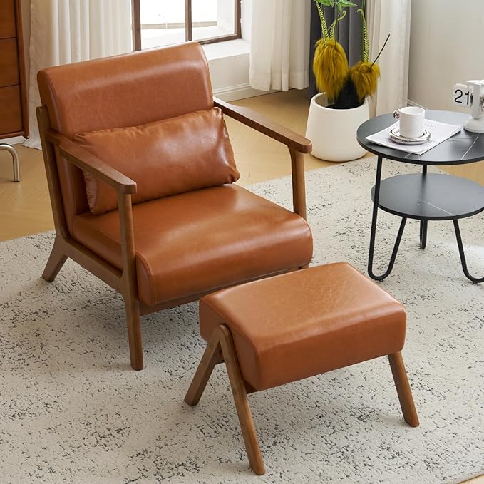 MOJAY Modern Accent Chair with Ottoman PU Leather Upholstered Armchair Living Room Chair for Bedroom Balcony Reception