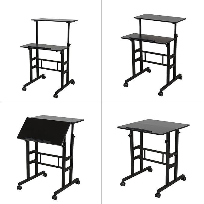 SDADI 2 Inches Carpet Wheels Mobile Desk Stand Up Height Adjustable Home Office with Standing and Seating 2 Modes for Room Black