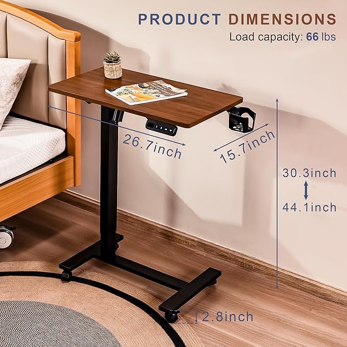 Electric Overbed Table with Wheels Height Adjustable Bedside Sofa Couch Side Tables C Shaped Mobile Standing Small Laptop Desk for Home Office Dark Walnut