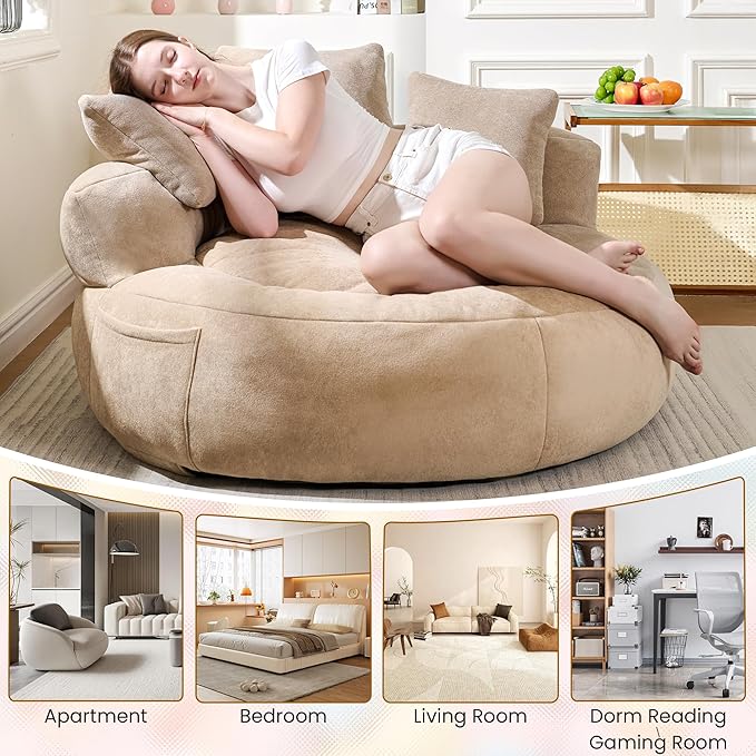 50 Bean Bag Chair with 3 Pillows Oversized Round Chaise Longue Chair Indoor No Assembly Couch Ultra Soft Faux Fur Floor Sofa Chair for Living Room Bedroom Apartment Office Khaki