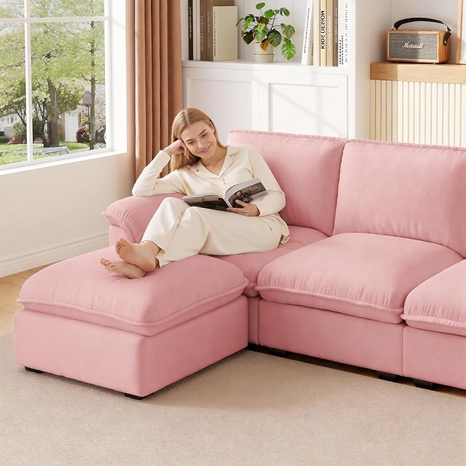 KEIKI 102 3Seat Modular Sectional Velvet Sofa Couch with Chaise Memory Foam for Feminine Retreat Bedroom Studio Style Conscious Glam Seekers Luxurious Elegant Sophisticated Quality Design Pink
