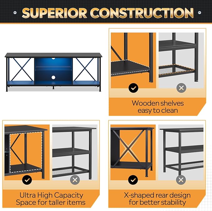 WLIVE Industrial TV Stand with LED Lights for Up to 65 TVs Waterproof &amp Scratch-Resistant Adjustable Shelves Modern Entertainment Center for Living Room Black