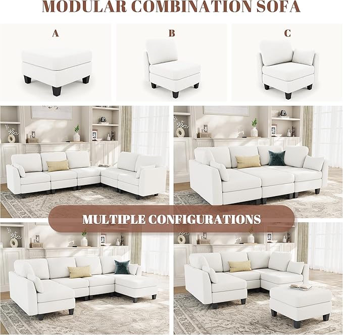 Sectional Sleeper Sofa 6 Seaters Modular Sleeper Sofa Couch Comfy Sectionals Couches Bed Convertible Sofas with Ottomans Modular Sectional Couches for Living Room White