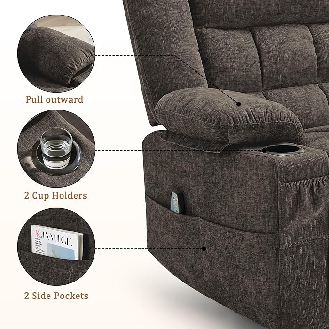 360° Swivel Rocker Recliner for Adults Nursery Glider Recliner with Massage and Heating Rocking Chair with Cup Holder Manual Recliner Chair for Living Room Bedroom (Fabric Brown)