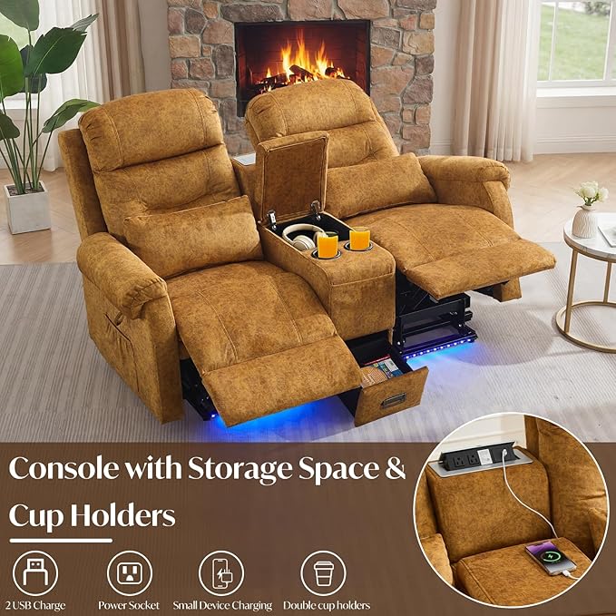 Power Lift Recliner Loveseat Sofa for Elderly Dual Motor Electric Recliner with Massage &amp Heat 2-Seater Velvet Couch with Independent Control Console Cup Holder &amp Power Outlet (Yellow 69”