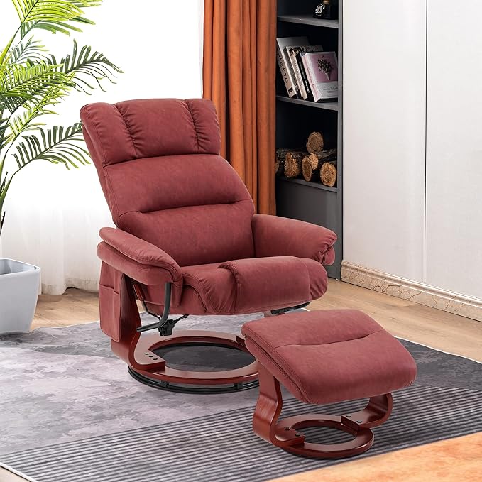 MCombo Swivel Recliners with Ottoman Reclining TV Chairs with Vibration Massage Faux Leather Ergonomic Lounge Chair for Living Room Bedroom 4832 (Burgundy)