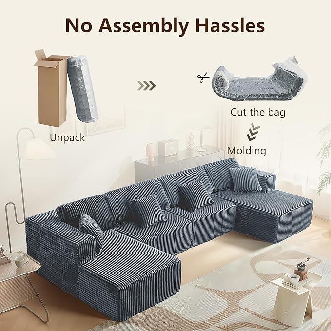 143.3'' Convertible Modular Sectional Couch Modern U-Shaped Floor Sofa with Movable Ottomans Comfy Corduroy Fabric Sofas No Assembly Free Combination Couches for Living Room ApartmentGrey