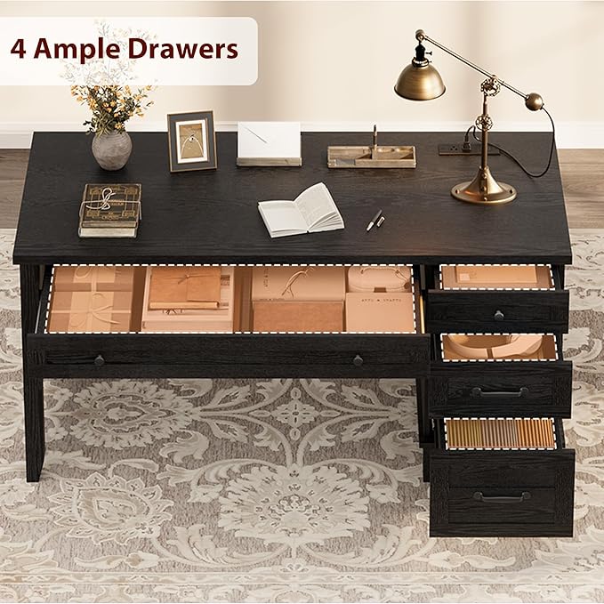 GAOMON 54.5in Wooden Executive Desk with Drawers Office Desk Computer Table with Charging Station Farmhouse Home Office Desk with File Cabinet Storage for Study and Home Office Rustic Black