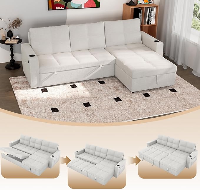 85 inch Sectional Sleeper Sofa Bed with StoragePull Out Couch with Reversible Storage ChaiseCup Holders USB ChargingSide PocketsComfortable Sectional Sofa Couches for Living RoomSmall Spaces | co