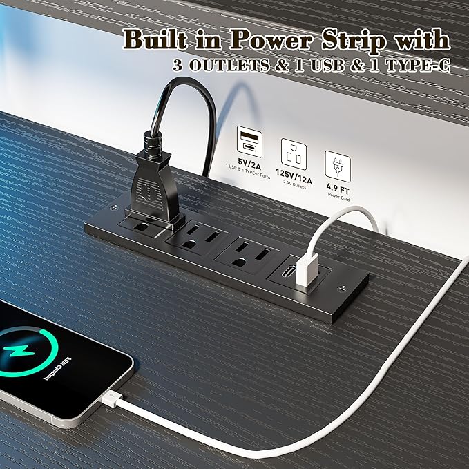 44 Inch Gaming Desk with Hutch and DrawersReversible Computer Desk with Monitor ShelfHome Office Desks with USB Power Outlets and StoragePc Small Gaming Desk for Office with LED LightsBlack