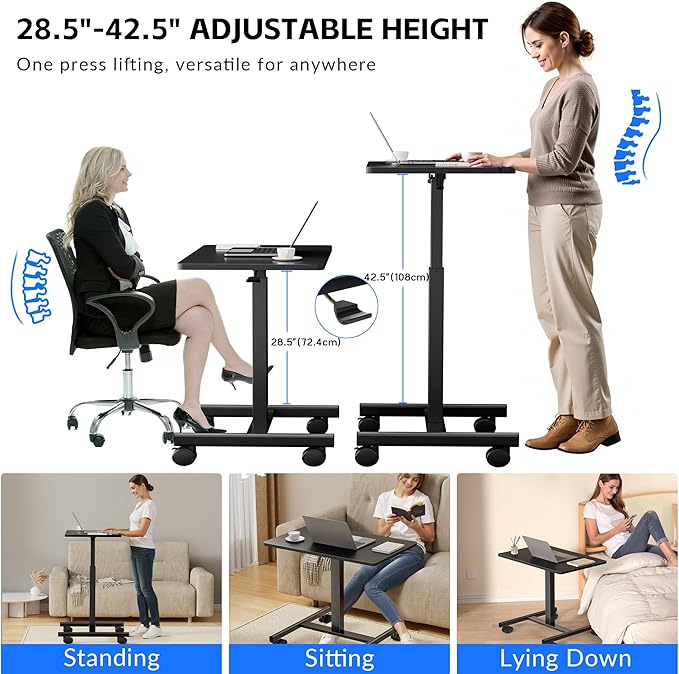 Mobile Laptop Standing Desk Adjustable Height Small Mobile Desk Workstation with Wheels Portable Rolling Computer Desk Cart for Home Office Classroom (Black)
