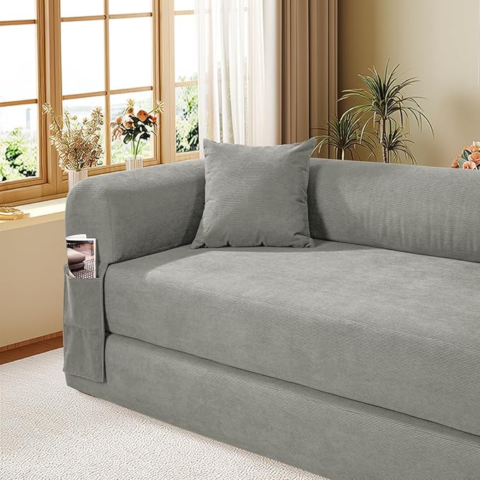 Convertible Futon Sofa Bed80 Folding Pull Out Couch Bed with StorageQueen Sleeper Sofa BedCompressed Couch in a BoxCorduroy Boneless Couches for Living RoomLight Grey
