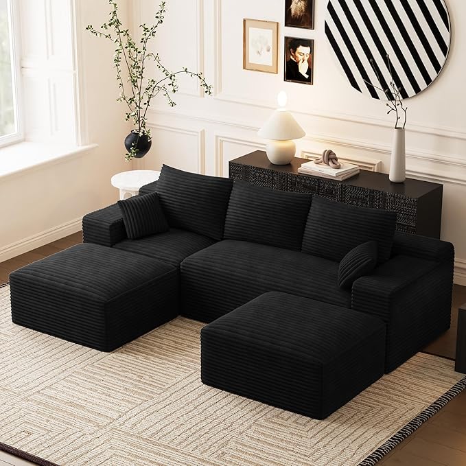 Modular Sectional Sofa Cloud Couch 108'' Comfy U Shaped Sectional Couches for Living Room Deep Seat Cozy Fluffy Corduroy Boneless Couch Sectionals Sofa with Movable Ottomanm Black