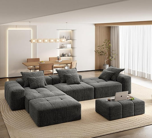 184'' Cloud Couch Modular Sectional Sofa with Ottoman Chenille Oversized Compression Boneless Sofa 6 PC DIY Combination Sleeper Chaise Longue Minimalist Couches for Living Room Black