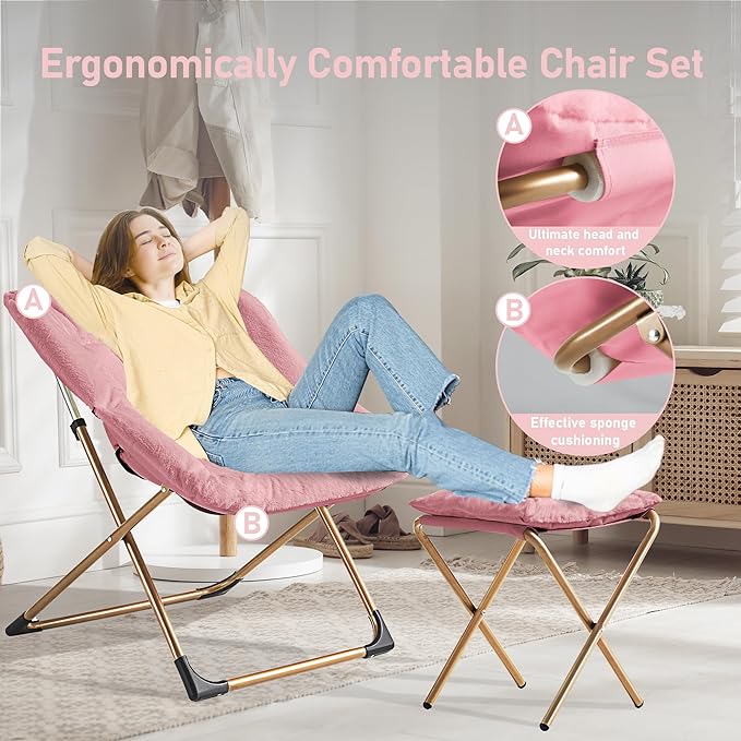 Comfy Oversized Saucer Chair with OttomanSoft Faux Fur Reading Lounge Chair for AdultsStable X-Large Metal Frame and Non-Slip PadCozy Chair for Bedroom Living Room Dorm Office Pink