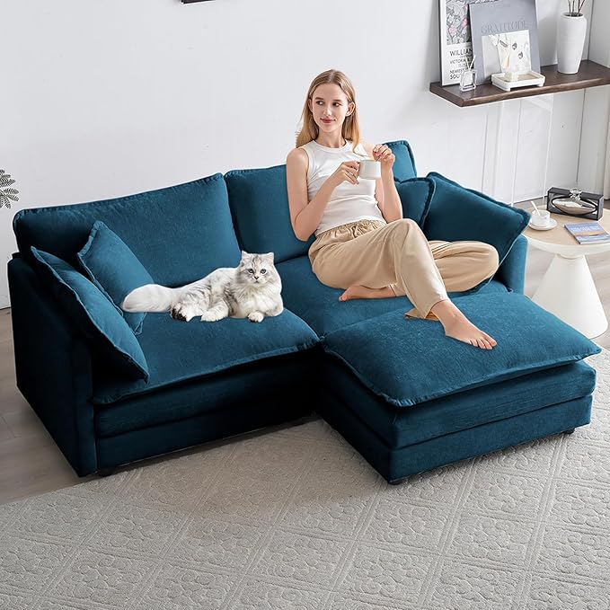 76.7 L-Shaped Modular Sectional Sofa 2 Seater Chenille Loveseat with Ottoman Blue Deep Seat Cloud Couch for Small Living Room Apartment Easy Assembly &amp Clean Flexible Combination