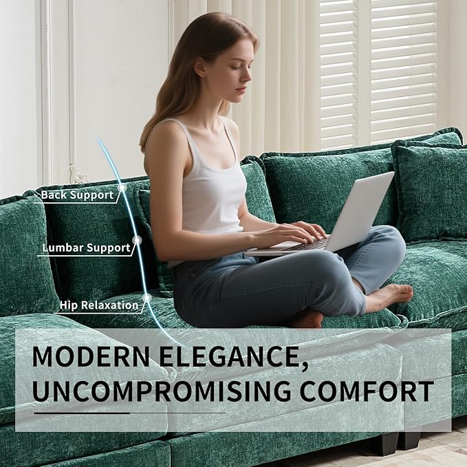 113.78 Modular Cloud Couch Sectional U Shaped Modular Sectional Sofa with Movable Ottoman and Throw Pillows Comfy Chenille Fabric Deep Seat Cloud Sofa Couches for Living Room (Green3-Seater)