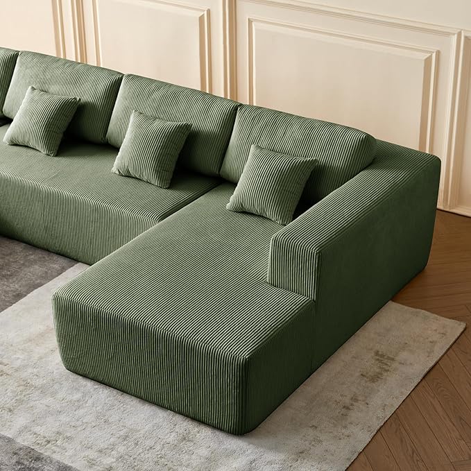 137'' Modular Sectional Couch Modern U-Shaped Floor Sofa with Double Chaise Lounge Comfy Corduroy Fabric Couch Upholstered Corner Free Combination Sofa for Living Room Apartment Green