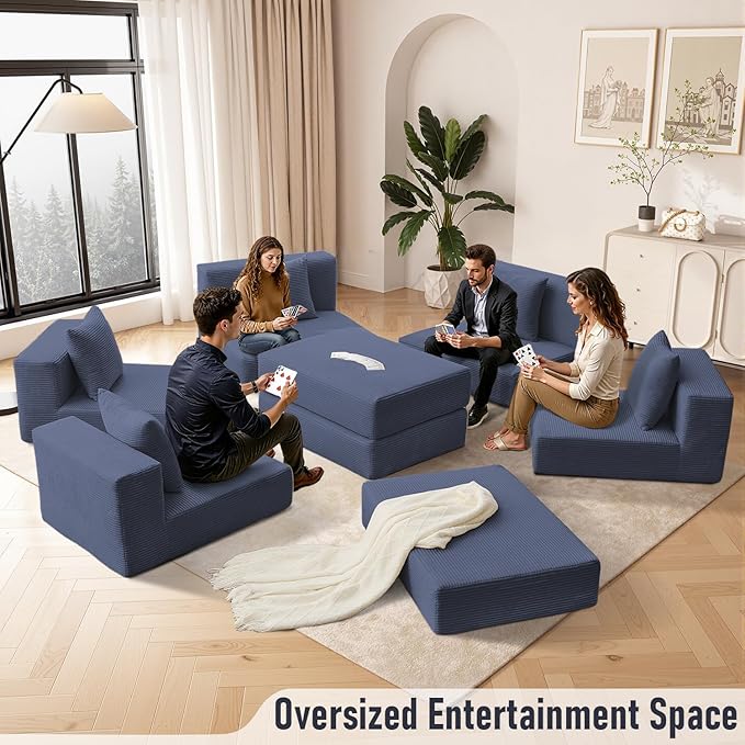 102 Upgraded L-shaped Modular Sectional Couches for Living Room Convertible Oversized Sleeper Sofa Bed-Luxury 1.5 Queen Bed. 11-in-1 Multifunctional Corduroy Boneless Folding Futon Couch Blue.