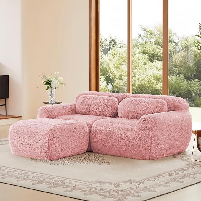 80 Sectional Couches for Living Room Comfy Boneless Couch 2 Seater Cloud Sofa Compressed Loveseat with Ottoman Modern Love Seat in a Box Fluffy Plush Floor Couch No Assembly (Pink)