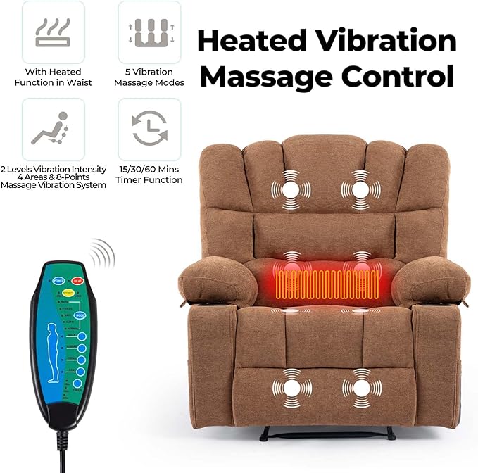 Oversized Power Lift Rocker Recliner Chair with Massage Heat for Elderly Adults Ergonomic Rocking Lounge Sofa Chair for Living Room Comfy Overstuffed Recliner with Side Pockets Cup Holders (Brown)