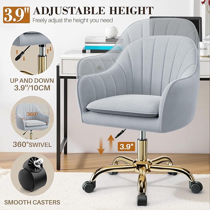 Vanity Chair with Wheels Comfy Home Office Desk Chairs Adjustable Modern Velvet Makeup Vanity Chairs for Bedroom Living Room-Gray