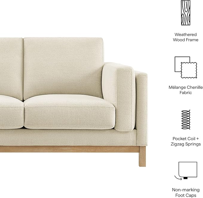 Modway Roscoe 63 Inch Fabric Loveseat in Ivory - Comfortable Upholstered 2 Seater Couch for Living Room Apartment or Office Seating