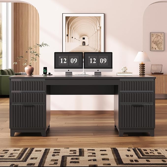 SEDETA 55.1 Fluted Office Desk with 6 Drawers Modern Executive Desk with Acrylic File Drawers Computer Desk with Power outlets for Home Office and Study (Black)