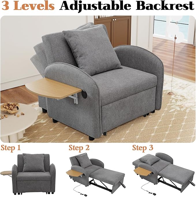 3-in-1 Convertible Sleeper Chair Pull Out Bed for Adults Fold Out Chair &amp Single Sofa Bed with USB Port &amp Foldable Table Pillow Adjustable Backrest for Dorm/Bedroom (Grey)