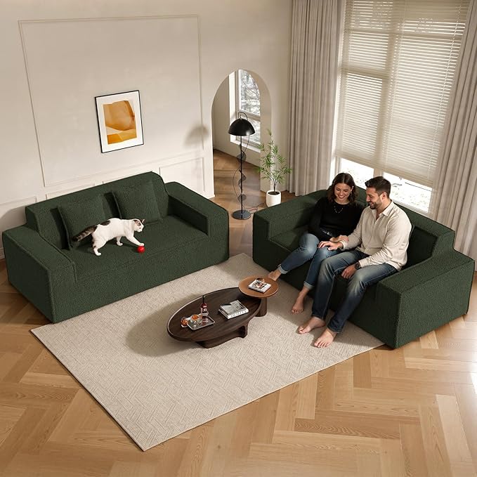 75'' Cloud Loveseat Sofa No Assembly Required Comfy Deep Seat Couches 1 pcs for Living Room Bedroom Apartment(Teddy Fabric-Green)