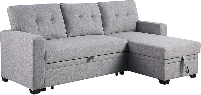 ERYE 82-inch Pull Out Sleeper Couch Bed L-Shaped Reversible Sleeper Sectional Sofa Linen Blend Tufted Upholstered Corner Convertible Sofa Bed with Storage Chaise