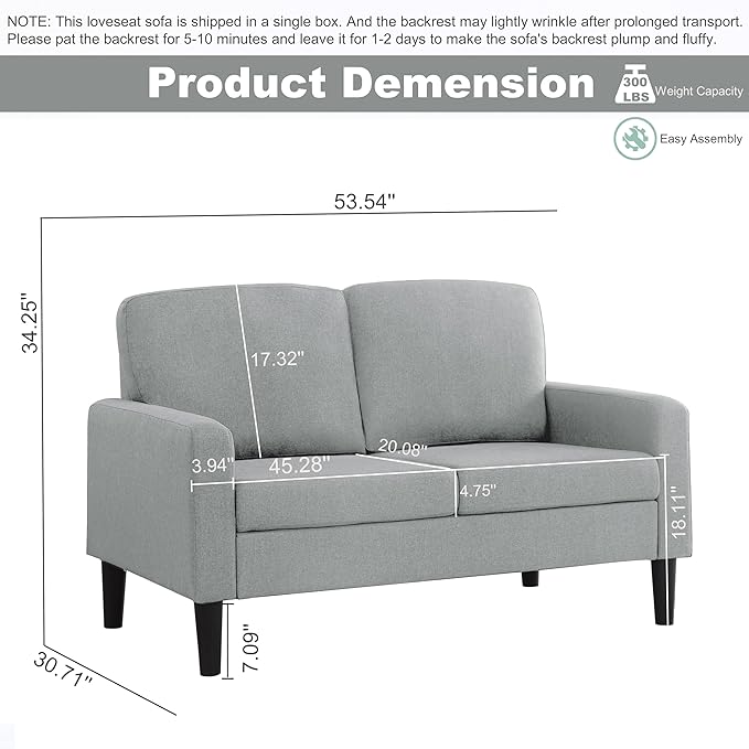 53 Loveseat Sofa Modern Small Couch Sofa Settee Loveseat Linen Fabric Upholstered 2-Seat Sofa Furniture Love Seat for Small Spaces Dorm Room Bedroom Apartment with Wood Legs Light Grey