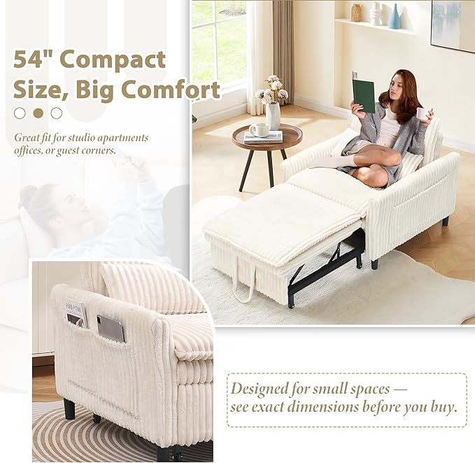 TTK 3-in-1 Convertible Corduroy Sleeper Chair – Plush Pull-Out Sofa Bed with Adjustable Backrest Compact Recliner Lounge Chair with 360° Rotating Side Table Perfect for Small Spaces Beige