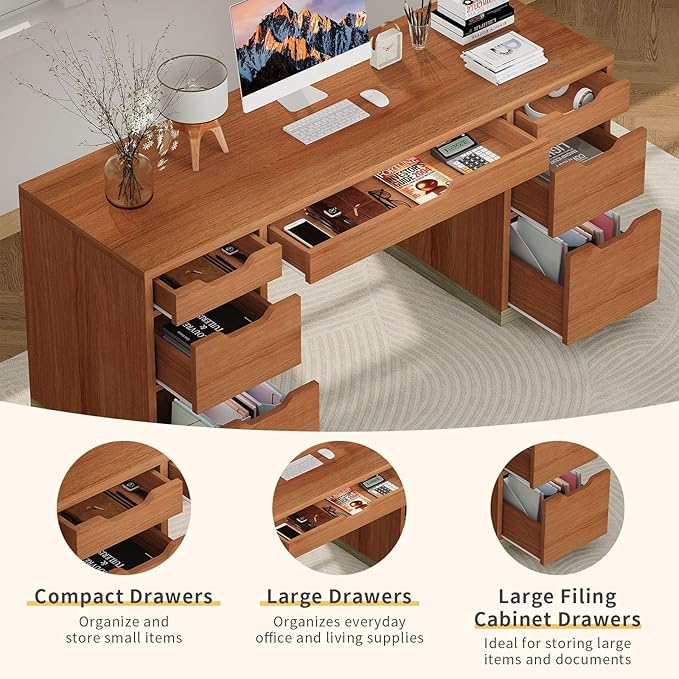 54 Inch Executive Desk with Drawers Computer Desk with 7 Drawers for Bedroom Office Desk with File Cabinet for Work Study Writing Small Spaces Brown